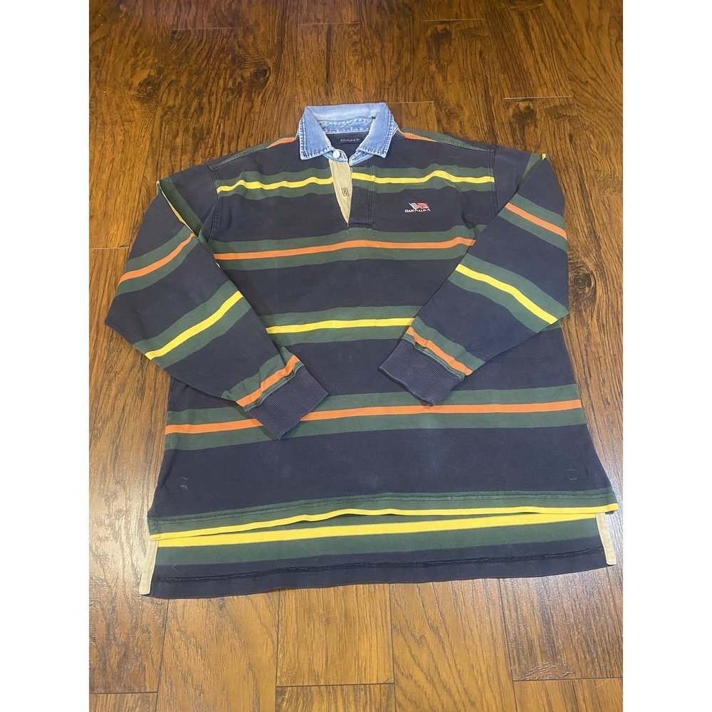 Vintage Gant USA Striped Rugby Shirt Mens Navy Green Denim Collar Long Sleeve